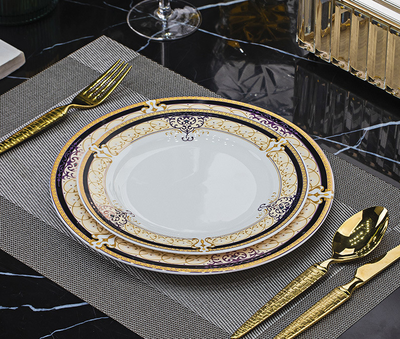Golden Vienna 2-piece bone china flat plate set, 8 inch and 10 inch European royal gold rim dinner plates with baroque burgundy pattern, luxury hotel banquet table setting