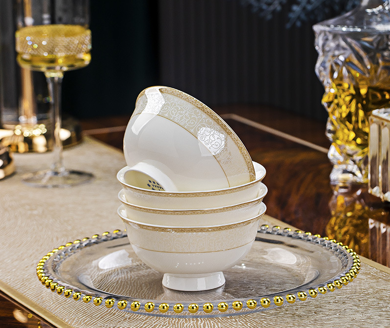 Alt text: Roman romance gold rim bone china footed bowls 4 piece set, 4.5 inch high‑foot rice bowls stacked, luxury hotel restaurant tableware, white bone china with gold floral vine rim