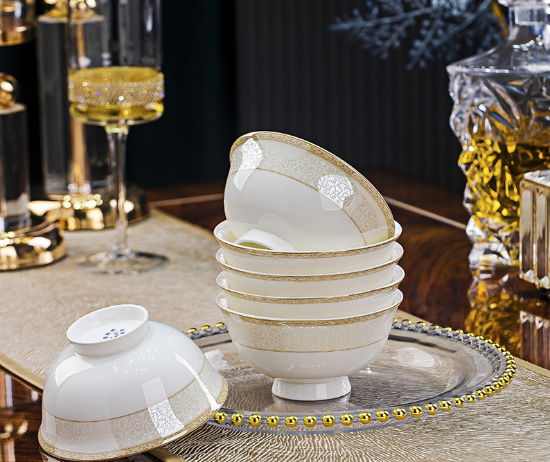 Roman romance gold rim bone china footed bowls 6 piece set, 4.5 inch high‑foot rice bowls stacked, luxury hotel restaurant tableware, white bone china with gold floral vine rim