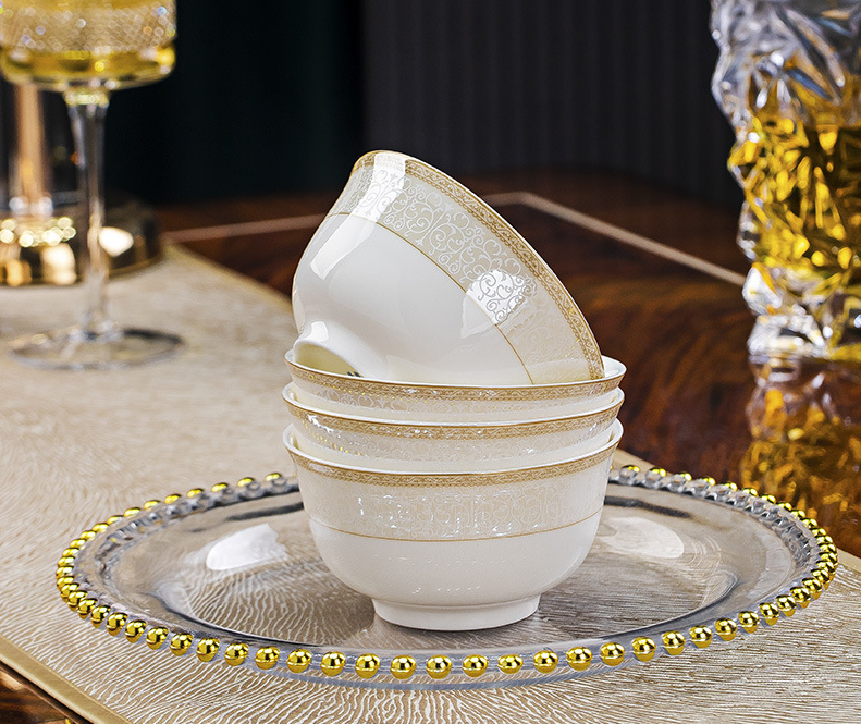 Golden bell gold‑trim bone china rice bowls 4 piece set, stacked 4.5 inch footed bowls, elegant scroll gold rim, luxury hotel restaurant dinner tableware