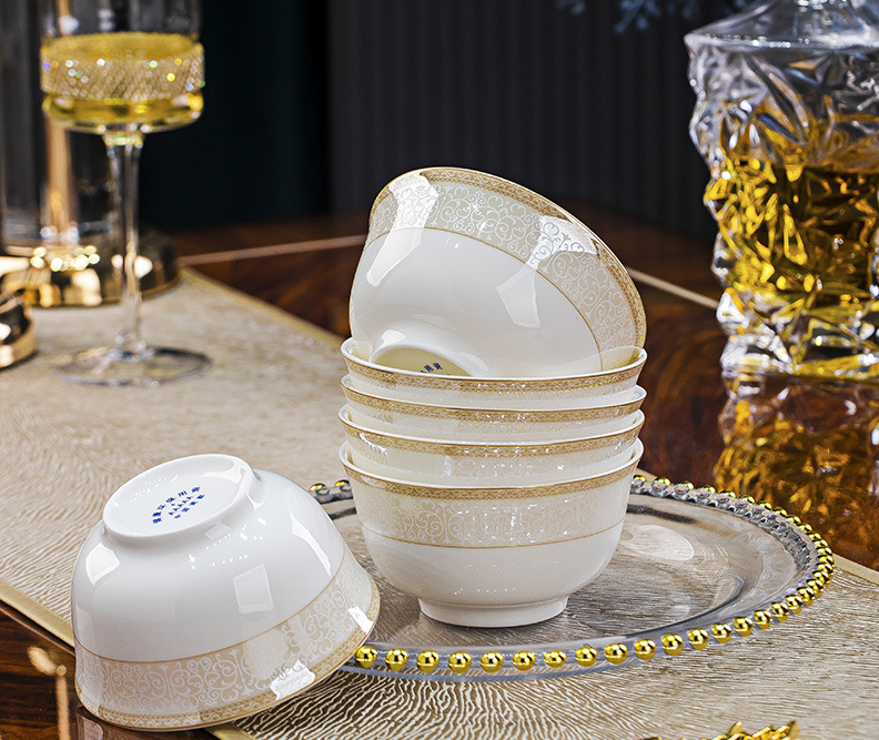 Golden bell gold‑trim bone china rice bowls 6 piece set, stacked 4.5 inch footed bowls, elegant scroll gold rim, luxury hotel restaurant dinner tableware