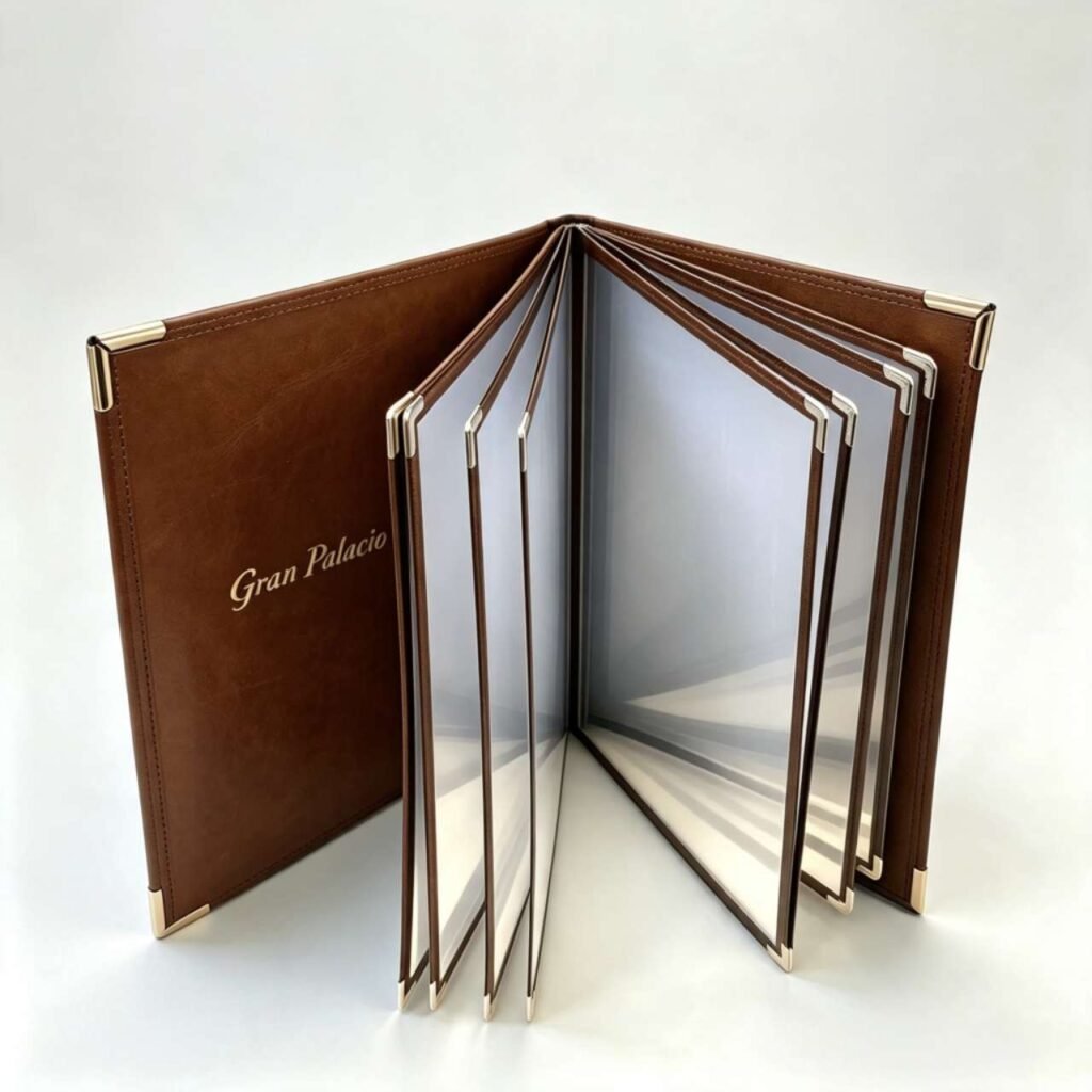 Custom hard‑cover leather menu book insert pages for luxury hotel restaurant