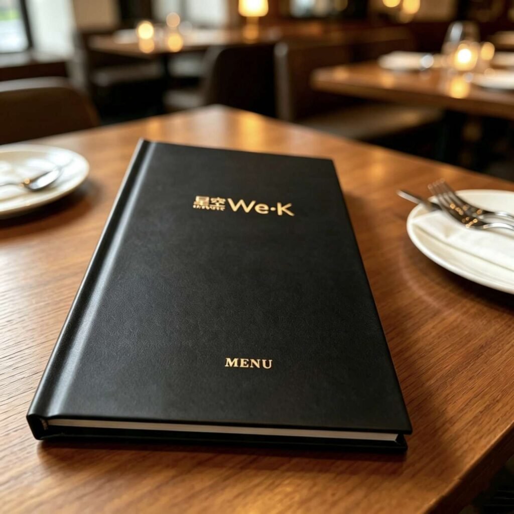 Custom hard‑cover fixed leather menu book for luxury hotel restaurant