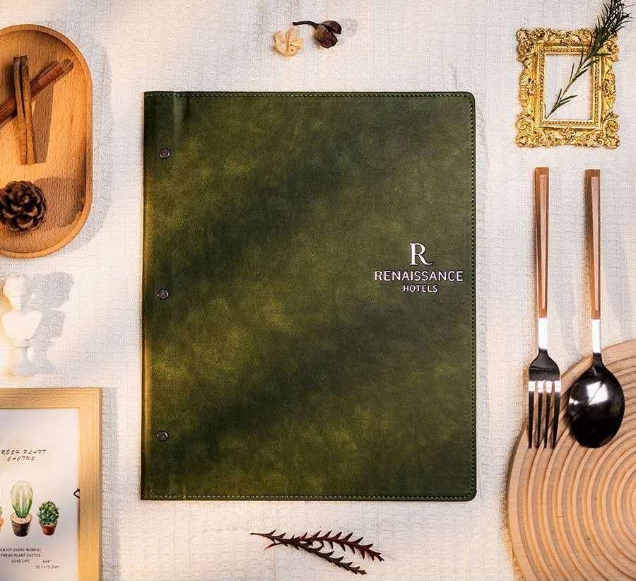 Luxury leather hard‑cover menu book with movable laminated pages for hotel resort
