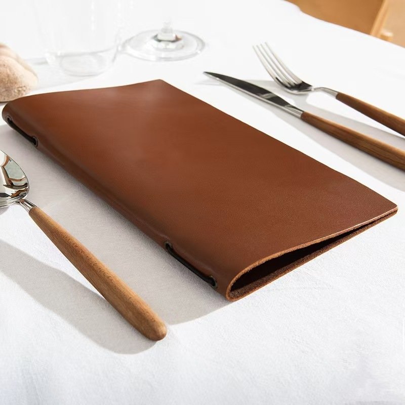 Premium leather ring binder wine list folder, reusable metal ring mechanism for swapping wine menu pages, custom logo, luxury hotel bar beverage menu cover