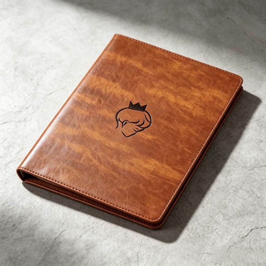Brown PU leather ring binder loose‑leaf menu book with debossed brand logo, metal ring mechanism, custom printed menu inner pages, luxury hotel restaurant menu holder