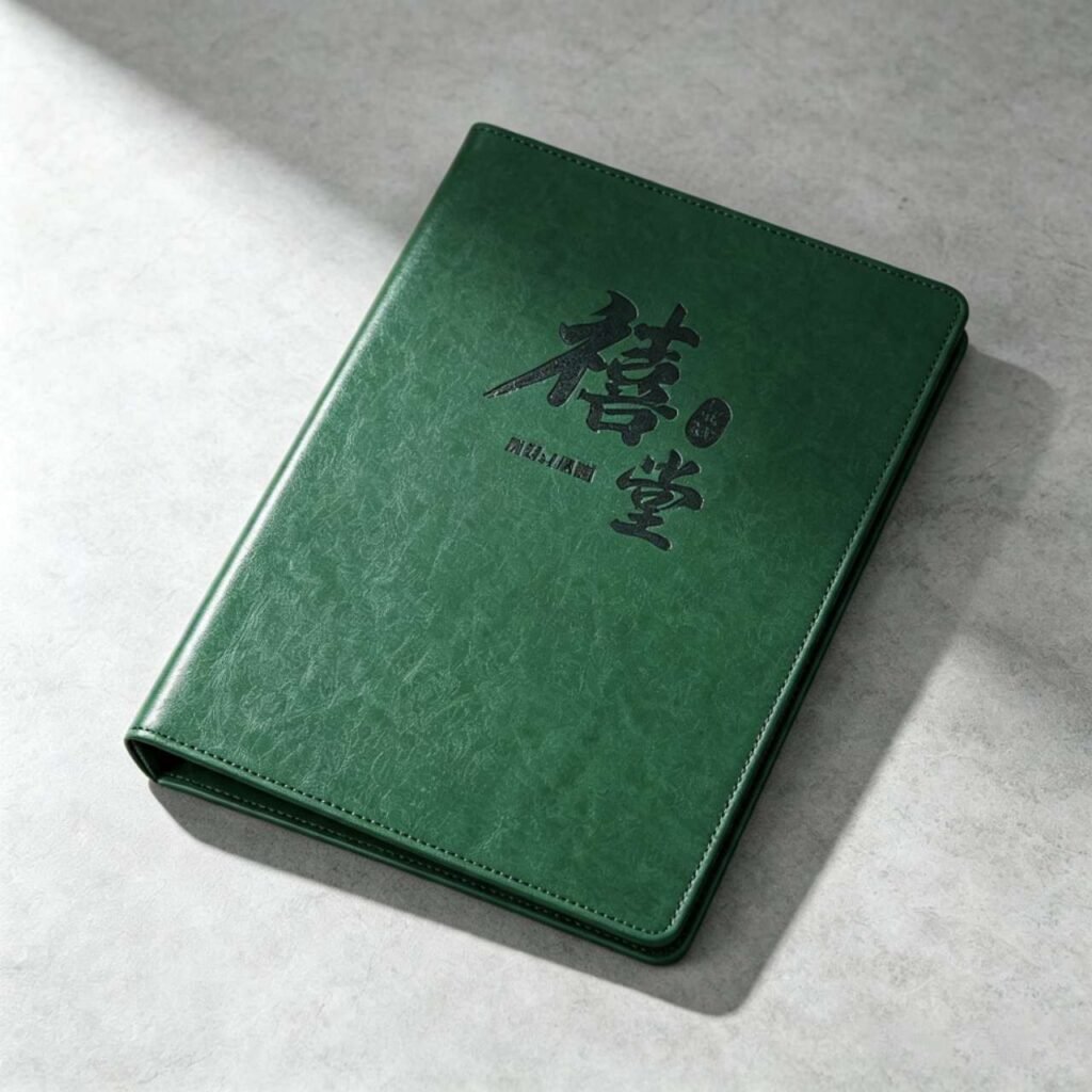 Dark green PU leather ring binder loose‑leaf menu book with debossed brand logo, metal ring mechanism, custom printed menu inner pages, luxury hotel restaurant menu holder