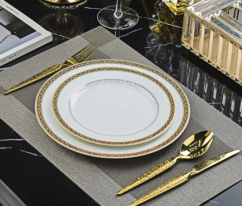 Romany 2-piece bone china flat plate set, 8 inch and 10 inch vintage gold trim dinner plates, luxury hotel banquet table setting