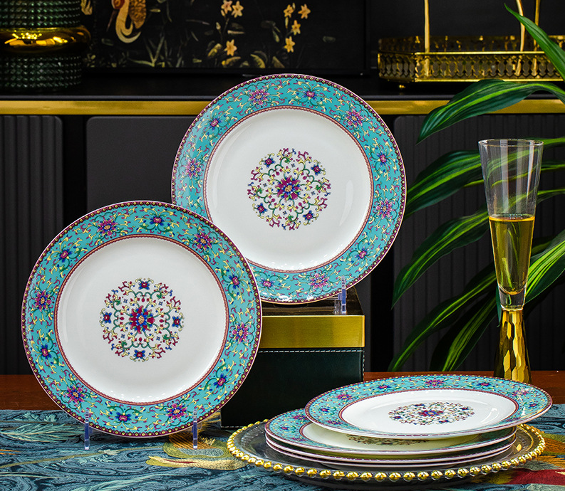 Turquoise enamel floral bone china 4.5‑inch footed,oriental luxury hotel restaurant tableware， Turquoise enamel floral bone china 7‑inch flat plates,colorful floral oriental design luxury banquet tableware