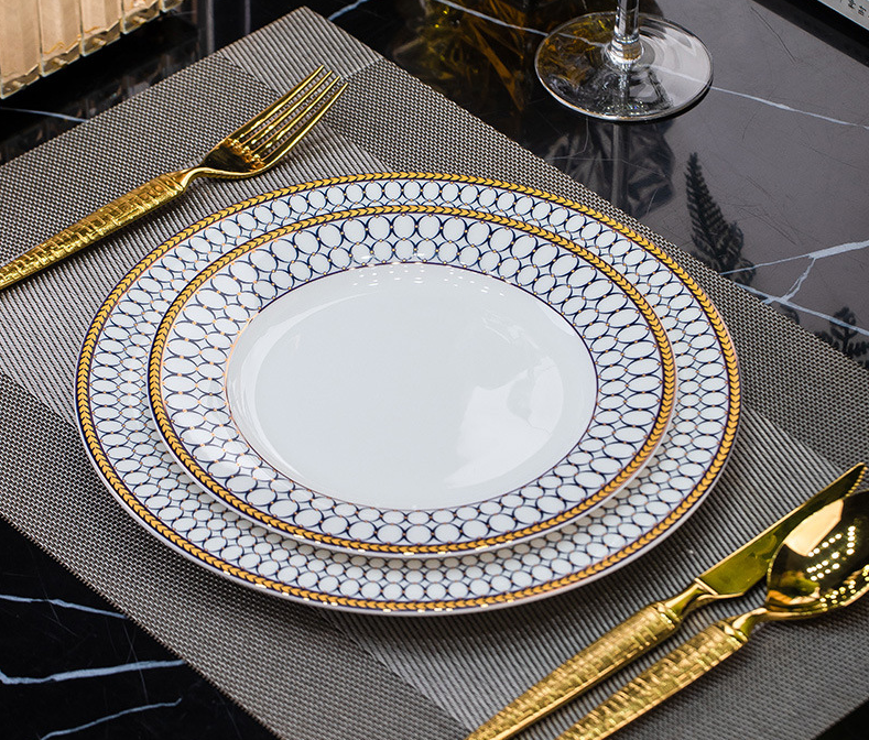 Swan Lake 2-piece bone china flat plate set, 8 inch and 10 inch elegant gold floral vine dinner plates, luxury hotel banquet wedding table setting