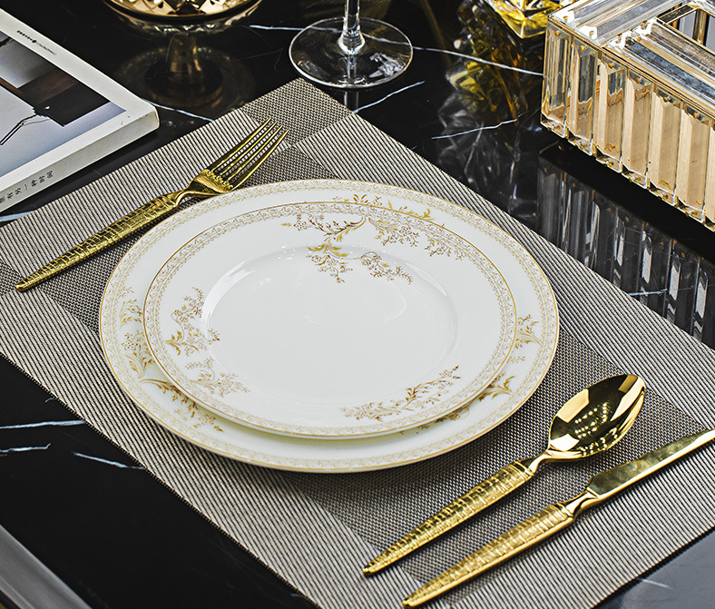 Swan Lake 2-piece bone china flat plate set, 8 inch and 10 inch elegant gold floral vine dinner plates, luxury hotel banquet wedding table setting