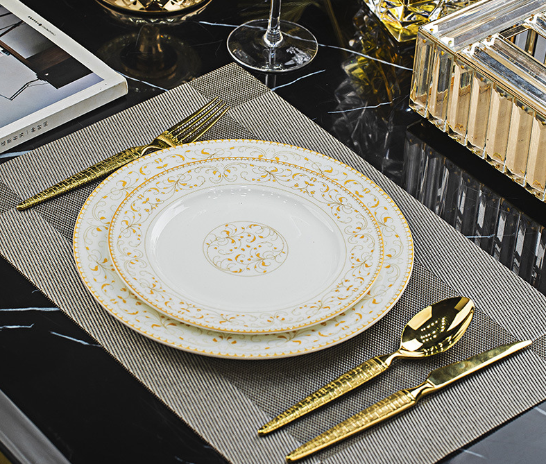 Sun Island 2-piece bone china flat plate set,8 inch and 10 inch golden floral scroll dinner plates, luxury hotel wedding banquet table setting