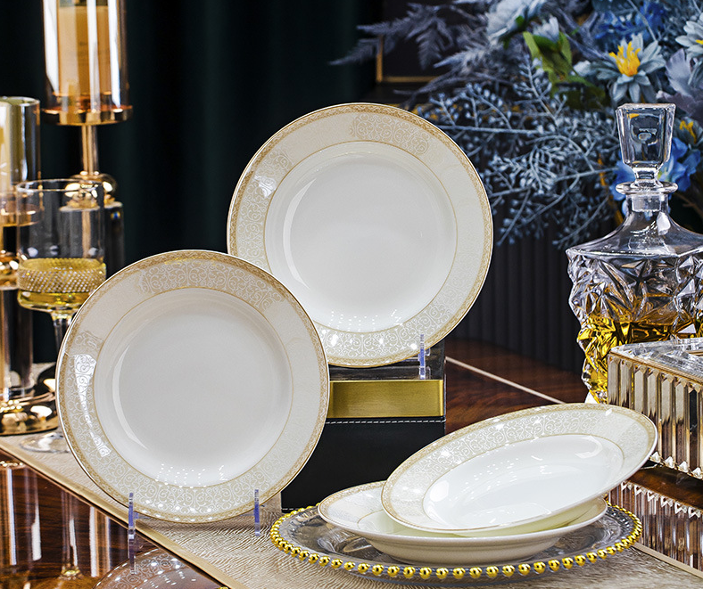 Roman Romance 8‑inch bone china deep plates set of 4, classical gold scroll rim soup plates, diameter 20.5cm height 3cm, luxury hotel banquet tableware
